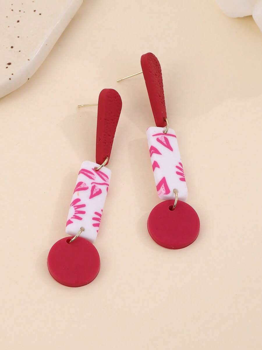 1 Pair Handmade Unique Soft Clay Red & White Contrast Teardrop, Square, Round Geometric Pendant Earrings, Exaggerated Design, Suitable For Women, Vacation, Party, Gift - Red - View 1