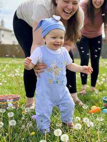 Conjunto de 3 piezas para bebé niño, primer atuendo de Pascua, mono liso de manga corta, pantalones a rayas/cuadros y gorro con orejas de conejo, primavera - Blanco - Ver 4