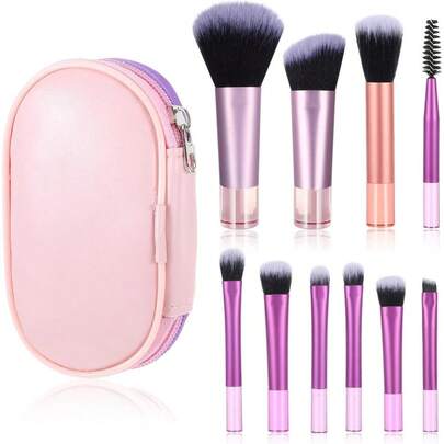 Kit 10 Mini Pincéis de Maquiagem Com Estojo – Portátil Para Viagem/ Cabos Curtos Multicolor/ Uso Diário e Profissional