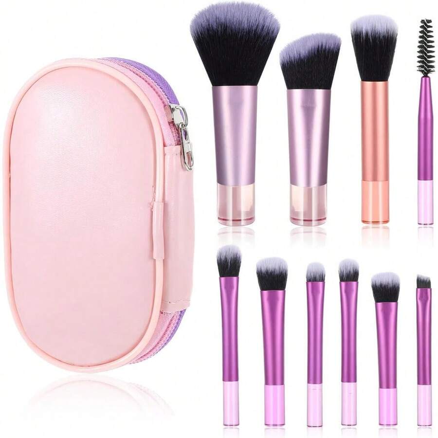 Kit Of 10 Mini Makeup Brushes With Case – Portable For Travel/ Short Handles, Multicolor/ Daily And Professional Use - Random - View 1