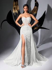 QOQ Women Pearl Rhinestone Evening Gown High Slit Sequin Mermaid Bodycon Formal Prom Dresses Elegant Wedding Guest Gala Pageant Cocktail Party Dress - White - View 4