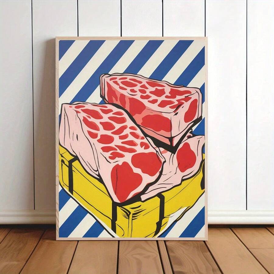 1幅波普艺术风格肉块帆布海报，醒目的红蓝黄撞色墙画，适用于厨房、餐厅和现代空间装饰。 - 牛排 - 查看 1