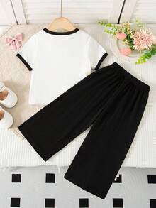 夏季女婴可爱休闲蝴蝶结印花白色圆领短袖上衣和黑色休闲长裤蝴蝶结套装 - 黑與白 - 查看 2