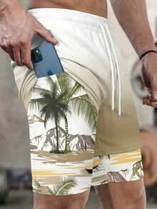 Men's Coconut Tree Pattern Double-Layer Beach Shorts With Pockets, Practical & Versatile - Multicolor - View 1