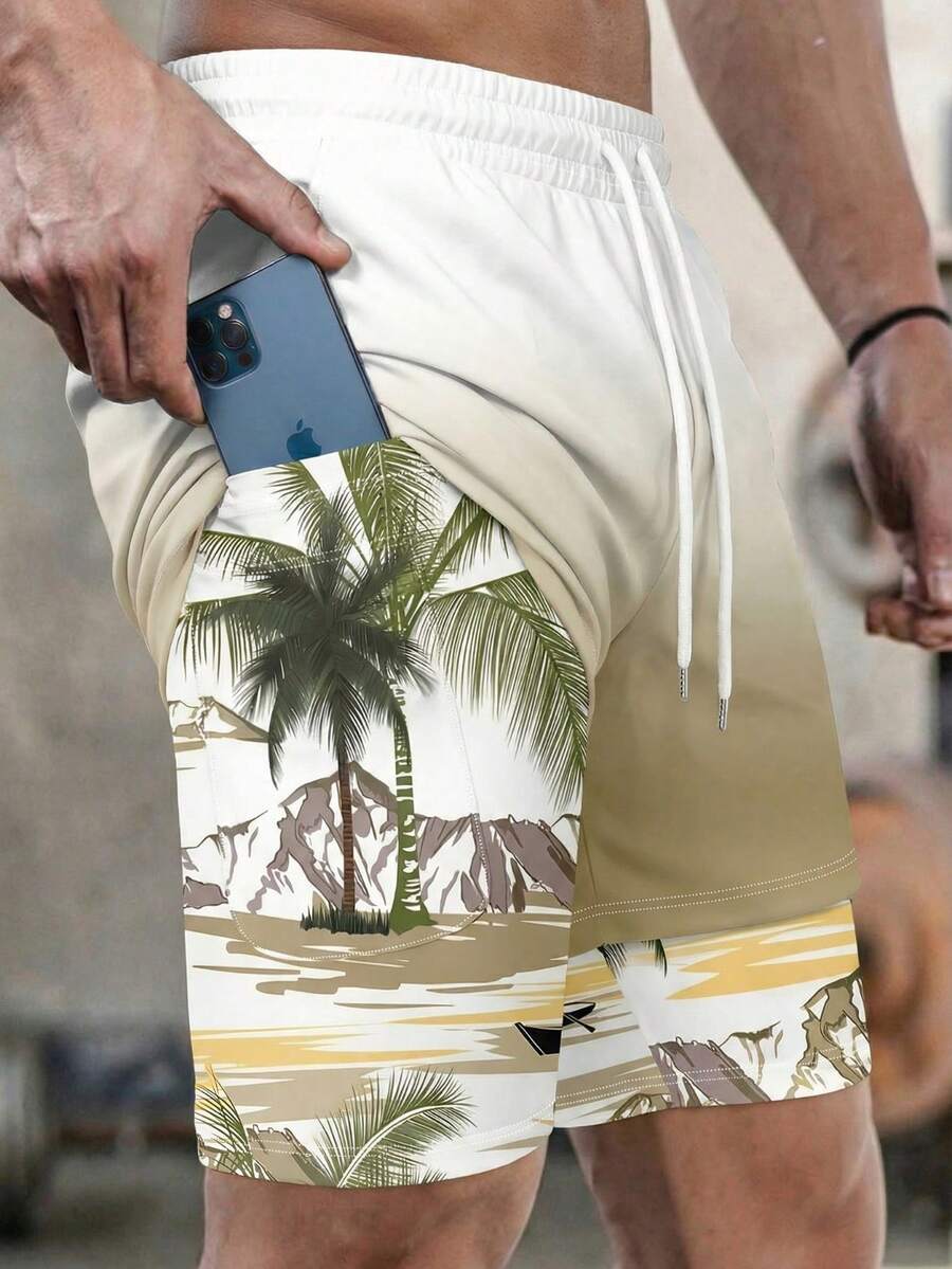 Men's Coconut Tree Pattern Double-Layer Beach Shorts With Pockets, Practical & Versatile - Multicolor - View 1