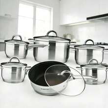 12‑Piece Stainless Steel Cookware Set With Glass Lids, Induction Compatible Pots And Pans, Includes Saucepan Frying Pan & Stockpots, Heat Resistant Handles, Mirror Polished Anti‑Rust Dishwasher, Modern Professional Kitchenware Essentials Gear - Silver 6 - View 12