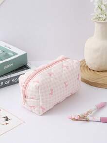 1 pieza Estuche de lápices elegante con diseño de lazo a cuadros rosa, bolsa de almacenamiento de papelería para estudiantes, decoración de escritorio y artículo esencial para oficina, imprescindible para volver a la escuela - Una pieza - Ver 16