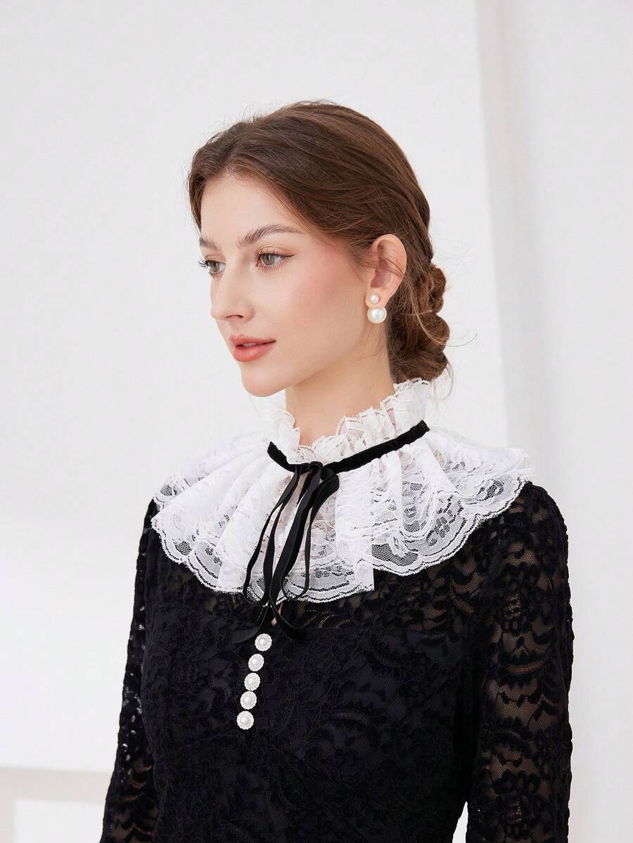 1pc Women's Lace Trim Tie Decor Simple Versatile Daily Wear Retro Lolita Style Detachable Collar,Festival,Travel,Disco,Graduation Outfit - Multicolor - View 1