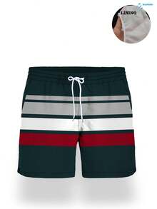 Pantalones cortos de verano para hombres con estampado impreso, cintura con cordón, bolsillo en diagonal, secado rápido de doble capa con forro de malla, de color contrastante con estampado artístico 3D, traje de baño casual y de playa de moda para vacaciones - Multicolor - Ver 4