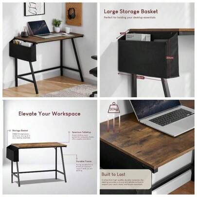 Brooklyn 112cm Small Computer Desk With Storage Home Office Writing Table Modern Industrial Style Workstation Dark Wood