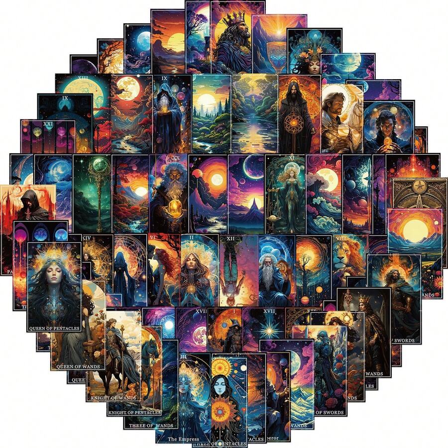 78 piezas Conjunto de pegatinas de tarjetas de tarot fantásticas, calcomanías estéticas para botellas, computadoras, cuadernos, equipaje, teléfonos y patinetas, pegatinas de dibujos animados de formas irregulares y autoadhesivas - Multicolor - Ver 1