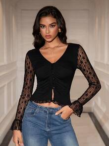 Fashionable Deep V Neck Knitted Crop Top For Women With Contrast Lace Flare Sleeves And Button Detail - Black - View 7