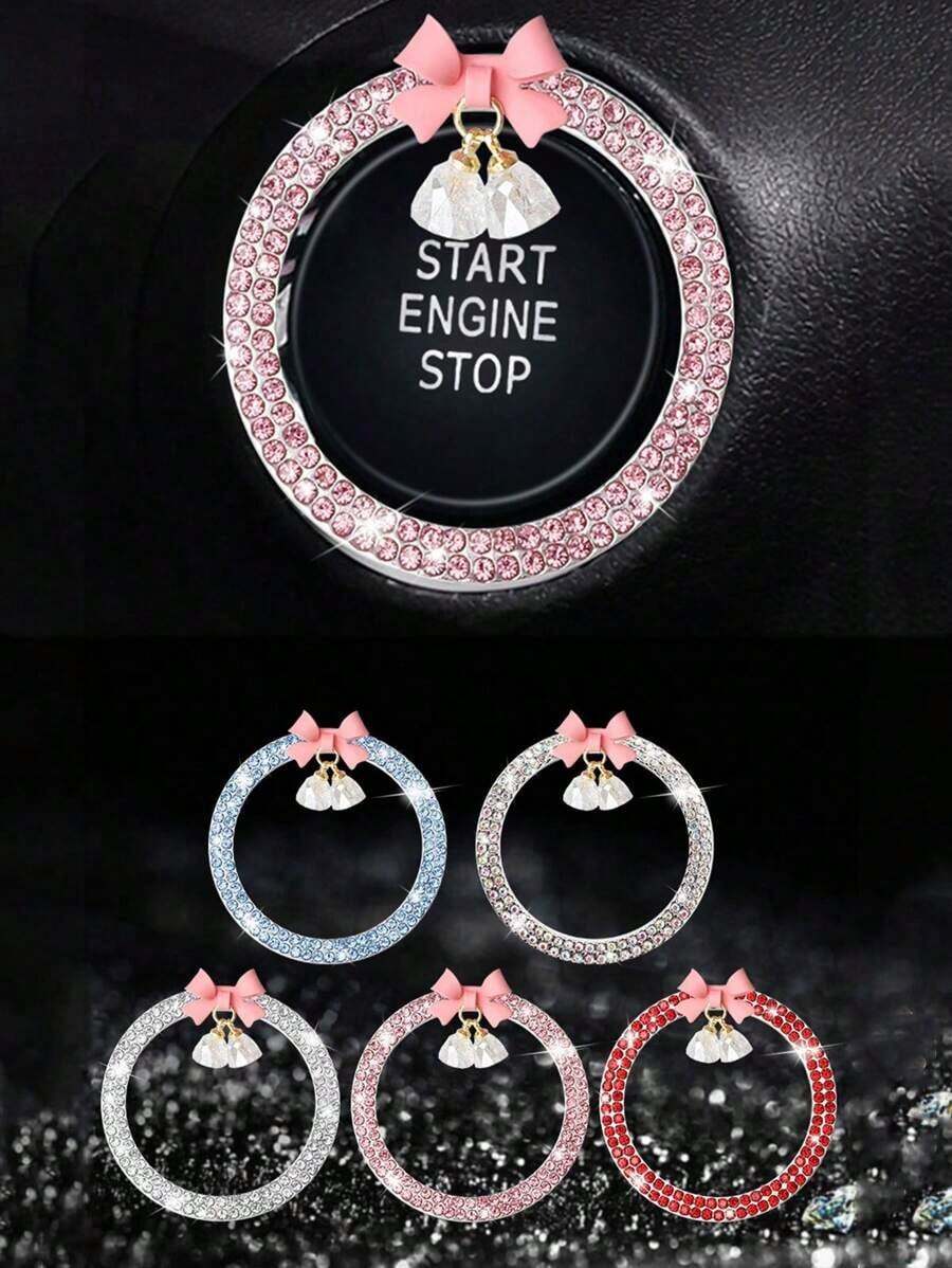 1pc Car One Click Start Decoration Sticker Interior Button Inlaid With Diamond Bow Crystal Bell Pendant Ignition Ring - 粉紅色的 - 查看 1