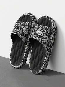 Ciabatte da uomo taglie forti 48-49 con stampa a fiori di anacardi, morbide ciabatte da bagno in EVA antiscivolo, con motivo graffiti per l'esterno, sandali infradito da indossare in estate durante le vacanze - nero - Visualizzare 2