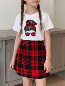 2pcs Y2K Aesthetic Girls Outfit, Red & Black Plaid + Graphic Tee + Plaid Skirt, Casual Streetwear, Birthday Party, Suitable For 8-12 Years Old - Red - View 3