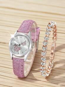 两件套。简约时尚的青春风蝴蝶形表盘石英表和水钻手链——返校礼物 - 彩色 - 查看 3