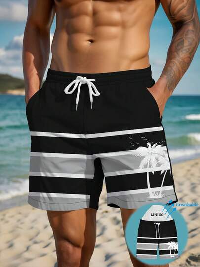 男士夏季椰树印花抽绳腰斜插口袋夏威夷速干双层网眼内衬短裤，撞色3D艺术印花，时尚休闲沙滩泳裤