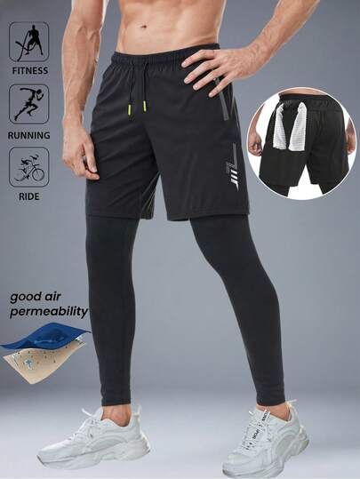 男士纯色运动健身紧身裤，高弹力运动压缩裤，二合一运动紧身裤带内衬，适合户外跑步和训练