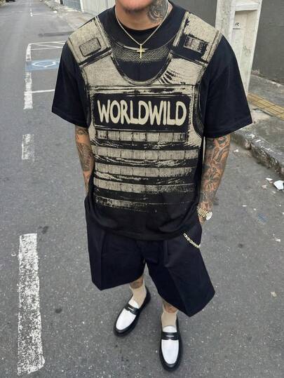 Men's World Letter Tactical Vest Graphic Raglan T-Shirt, Casual Street Tech Wear Military Double-Sided Print Hardcore Hip Hop Soft Touch, Summer