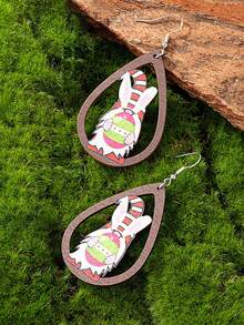 一对木质水滴形可爱复活节兔子小鸡彩蛋耳环，复活节珠宝礼物（送给她） - 彩色 - 查看 2