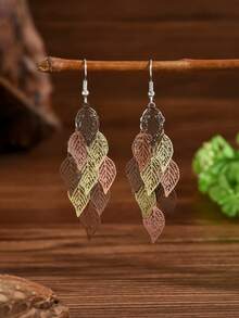 1对时尚简约韩版复古镂空叶子流苏吊坠耳环，适合女性日常佩戴、约会、情人节和生日礼物 - 棕綠 - 查看 3
