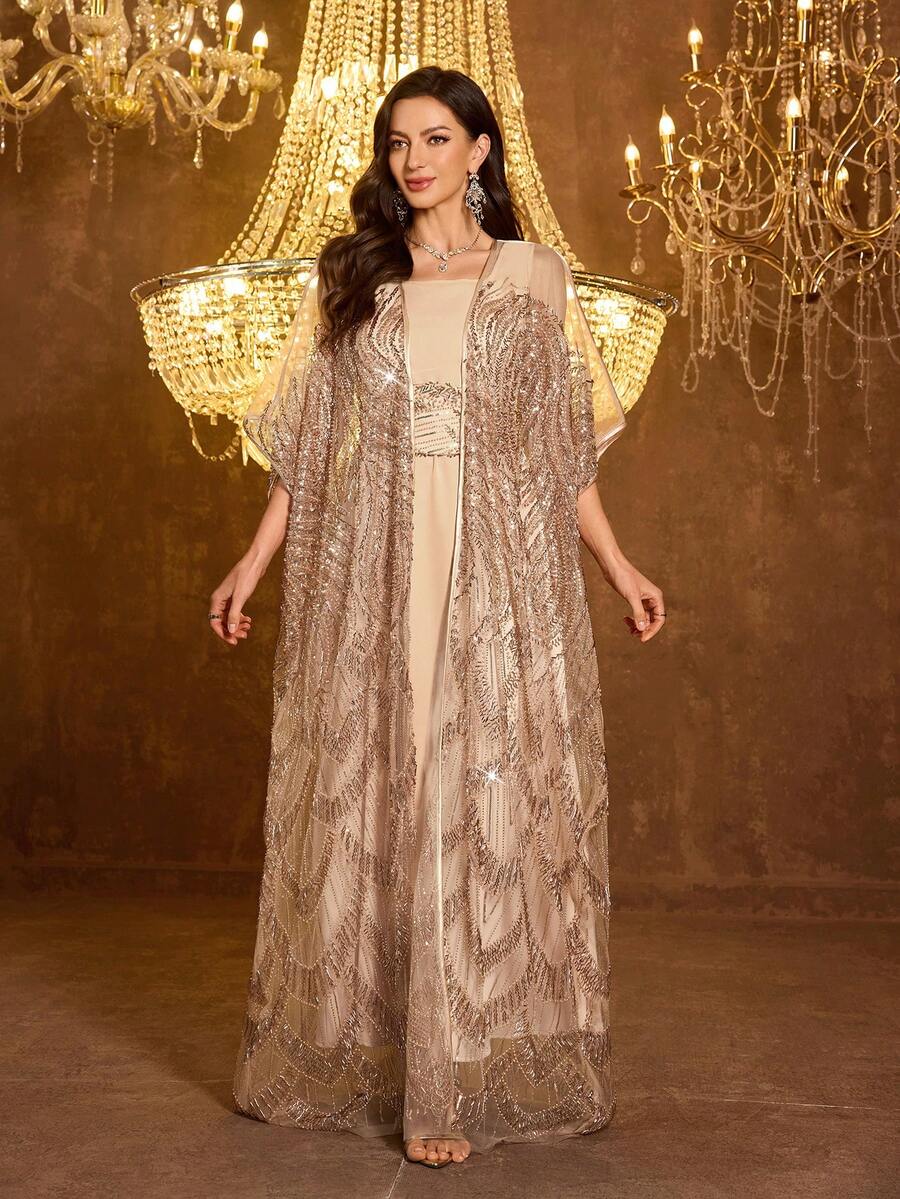 Đầm dạ hội dài tay đính sequin phối ren thắt eo SUPGIR [Họa tiết ngẫu nhiên] dành cho nữ - Rượu sâm banh - Xem 1