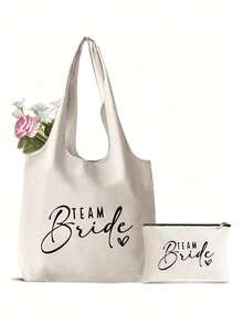 Tas Tote Kanvas Pengantin dan Tas Kosmetik - Dicetak dengan Tulisan ''Pengantin'', Tas Kosmetik dengan Resleting Motif Pengantin, Hadiah Pengantin yang Dipersonalisasi, Sempurna untuk Pernikahan - MultiWarna - View 3
