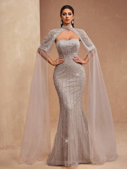 AMILUCK 新款奢华高端女士优雅亮片蕾丝美人鱼尾礼服，亮片网纱披肩领喇叭袖，正式晚宴、红毯、婚礼礼服