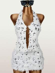 Akaily Women's 2 Pieces Set, Sequin Camisole Top And Sequin Mini Skirt, Fashionable Party/Birthday Outfit For Summer - White - View 2