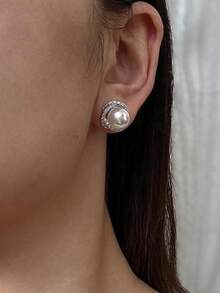 1 par de Brincos Elegantes de Estilo Coreano com Flor e Pérola Falsa, Design com Zircônia Cúbica, Joia de Amizade para Uso Diário e Festivais, Presente para Meninas/Adolescentes - Prata - Visão 4