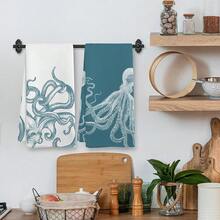 Aqua Teal Coastal Octopus Decor Dish Hand Tea Towels For Bathroom Kitchen, Octopus Ocean Nautical Beachy Bathroom Decor, Coastal Nautical Kitchen Towels And Dishcloths Sets Of 2, 16x24 Inch - 藍綠章魚 - 查看 3