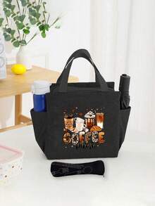 A Thermal Lunch Bag With Four Cups Of Black Coffee And Coffee Beans, Leopard Print Pattern Printed On It,Insulated Bag With The "Coffee Please" Pattern Paired With A Black Cutlery Storage Bag,Suitable For Work, Travel, School, Outings, Camping, Etc., Giving Birthday Gifts To Family And Friends, Valentine's Day, Wedding Season, Souvenirs, Bridesmaid Gifts, Ramadan ﻿ - Multicolor - View 3