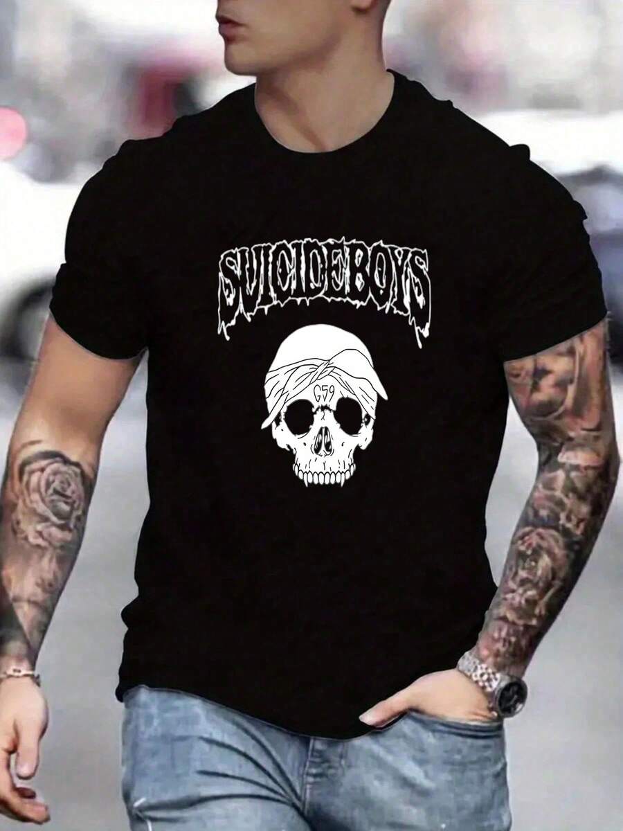 Suicideboy Skeleton Graphic 100% Cotton Print T-Shirt,Halloween Funny Graphic, Sports Leisure Tee,Soft Cotton - 黑色10 - 查看 1