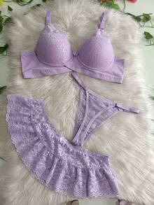 Three-Piece Lingerie Set, Thong Panty With Adjustable Skirt. - Màu tím hoa cà - Xem 5
