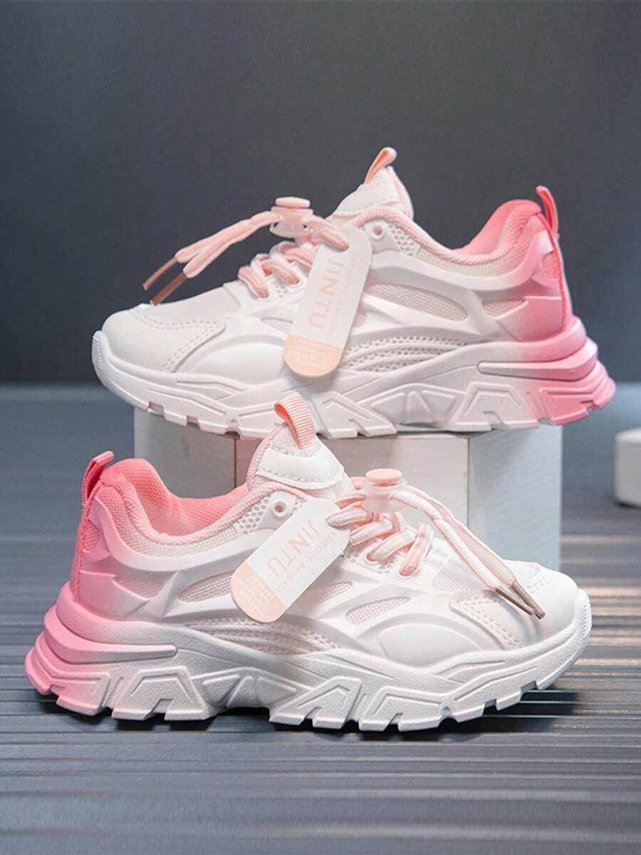 زوج من الأحذية المسطحة ذات اللون التدرجي للجنسين، أحذية رياضية ناعمة القاع غير قابلة للتنفس للأطفال عصرية وجذابة، أحذية جري متعددة الوظائف وأنيقة، مناسبة للطلاب للارتداء اليومي في جميع الفصول (الأرضية) - وردي - مشاهدة 1