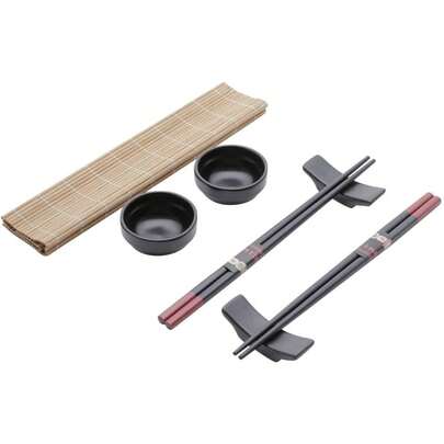 Conjunto Para Sushi 8 Peças Em Bambu E Ceramica Com Esteira