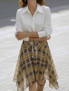 Women's Elegant Asymmetric Hem Plaid A-Line Skirt, Business Casual Street Style Fashion Item, Plaid Skirt, Asymmetric/Irregular Hem Skirt, Suitable For Beach, Office, Daily, Travel, Airport, Spring & Autumn - Khaki - View 9