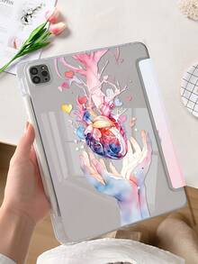 A Tablet Case Featuring A Heart-Shaped Branch Motif, Hand-Painted Double-Sided Printed Tablet Sleeve, Multi-Angle Adjustable Tablet Stand, Foldable Tri-Fold Tablet Cover With Stylus Slot, Magnetic Auto-Sleep/ Wake Smart Power-Saving Feature, High-Transparency Back Panel - Multicolor - View 8