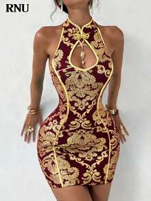 RNU 女士新款性感迷人金色图腾印花无袖镂空迷你连衣裙，纽扣镂空领设计，弹力网纱面料，性感收腰设计，旗袍风格，适合夜店、酒吧、新年正式场合、派对、生日、音乐节、演唱会、嘉年华、情人节约会等场合。 - 彩色 - 查看 6