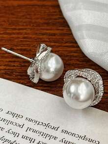 1 par de Brincos Elegantes de Estilo Coreano com Flor e Pérola Falsa, Design com Zircônia Cúbica, Joia de Amizade para Uso Diário e Festivais, Presente para Meninas/Adolescentes - Prata - Visão 6