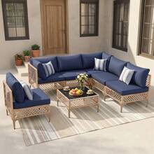 7-Piece Patio Furniture Set, Outdoor Wicker Conversation Set Sectional Sofa With Waterproof Thick Cushions & Coffee Table, For Backyard, Poolside, Garden, Porch, Yellow/Beige - Vàng/Xanh lam - Xem 3