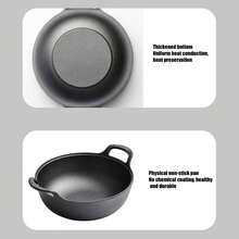 1pc Wok tradicional chino con tapa de madera, olla antiadherente, sartén de hierro fundido, utensilios de cocina - Negro - Ver 4