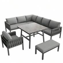 Gartenmöbelset, Seilgartenmöbelset Mit Verzinktem Eisengestell, Verstellbare Beine, Ecksofa, Tischplatte Aus Gehärtetem Glas, Including Aller Sitz- Und Rückenkissen, Gray - 1 - View 2