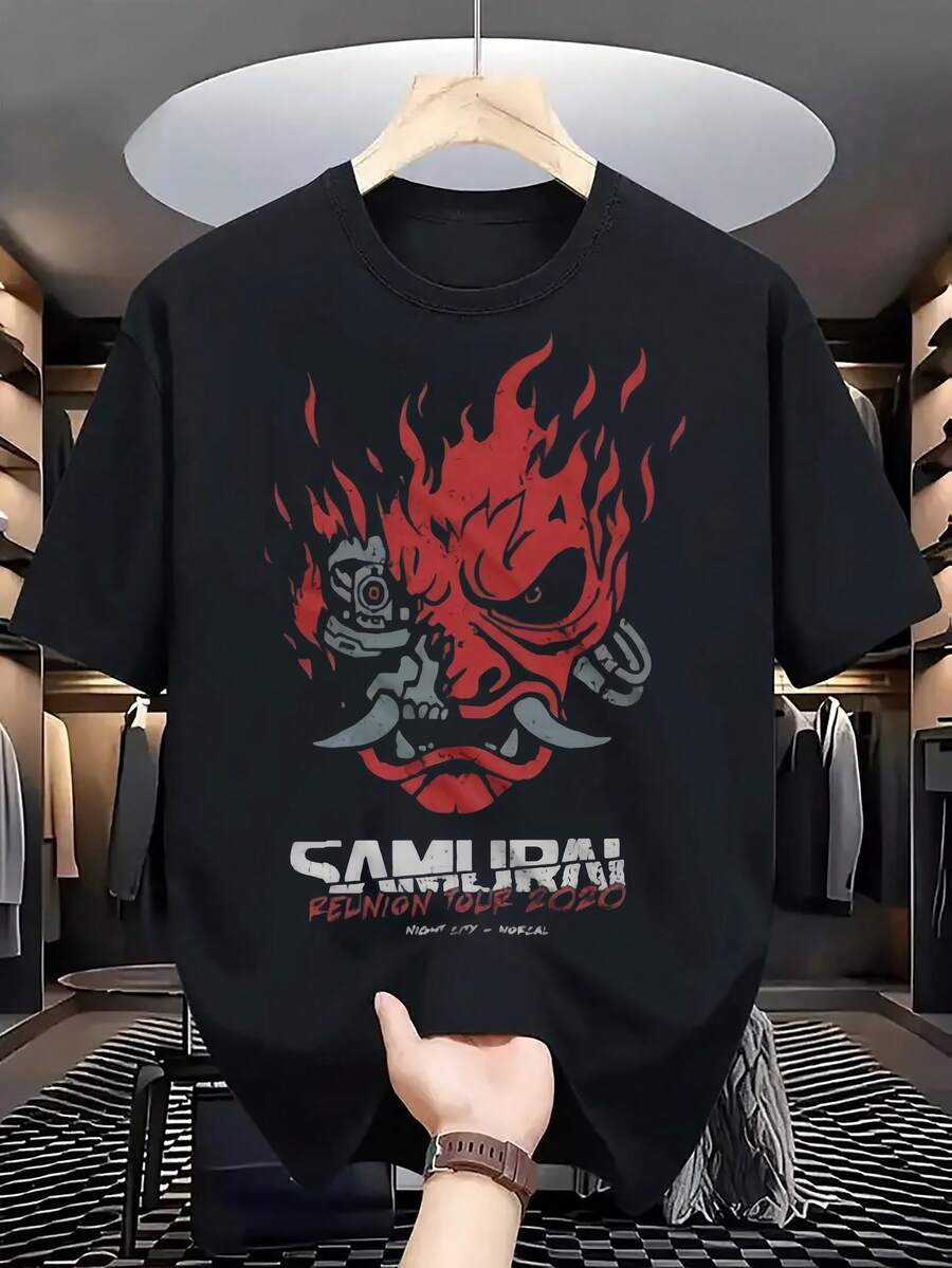 Men's Cyberpunk Style Oni Flame Print Oversized Short Sleeve T-Shirt - Black - View 1