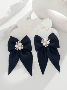 2 piezas Clips para el cabello con lazo de perlas y rhinestones para niños, accesorios para el cabello lindos y versátiles - Azul Marino - Ver 4