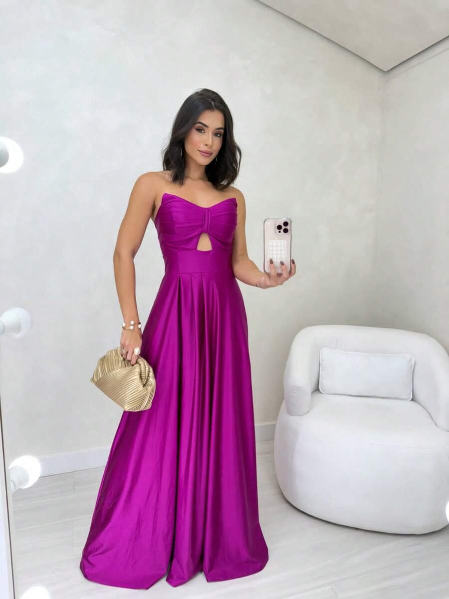 Women's Long Butterfly Dress, Strapless, Trilobal Fabric With Built-In Bra Cups | Party, Bridesmaid, Wedding, Graduation, Debutante | Adjustable Back, Sexy, Elegant, Party, Cutout/Cut, Asymmetrical Knot, Formal And Evening - 玫瑰紅 - 查看 1
