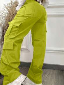 Solid-Color Multi-Pocket Buttoned Casual Y2K Leisure Elegant And Cute Work Pants.Suitable For Back-To-School, Clubs, Birthday Parties, Halloween, New Year, Thanksgiving, Concerts, Gyms, Beaches, Vacations, Business, Daily Airport Wear, Street Style, Teacher's Day, Spring, Summer, Autumn And Winter. - 檸檬綠 - 查看 6