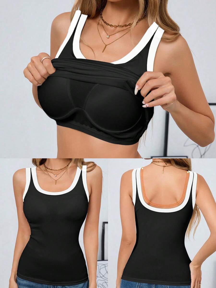 1 chiếc áo tank top yoga 2 trong 1 mùa xuân/hè có áo ngực tích hợp, áo camisole lưng chữ U thoải mái để mặc nhiều lớp. - màu đen - Xem 1