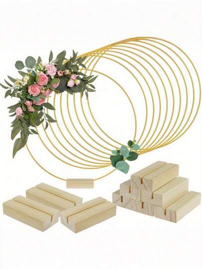 1-20pcs Gold-Plated Metal Flower Wreath Desktop Decor With Wooden Stand, Minimalist & Compact Tabletop Center Piece, Easy Assembly, Suitable For Wedding, Bridal Shower, Anniversary, Baby Shower, Birthday Party Decoration, Great For Dining Table, Shelves Display And Holiday Decor