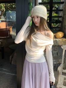 New Spring/Summer Off Shoulder Long Sleeve T-Shirt Women, White Solid Color Knit Fabric Open Shoulder Pullover Top - White - View 4